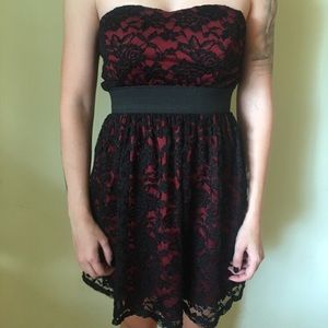 Strapless red dress with black lace